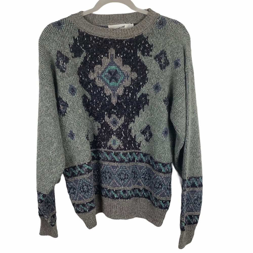 Vintage Directions USA Alpaca Blend Sweater Women Large Gray Blue Aztec Winter